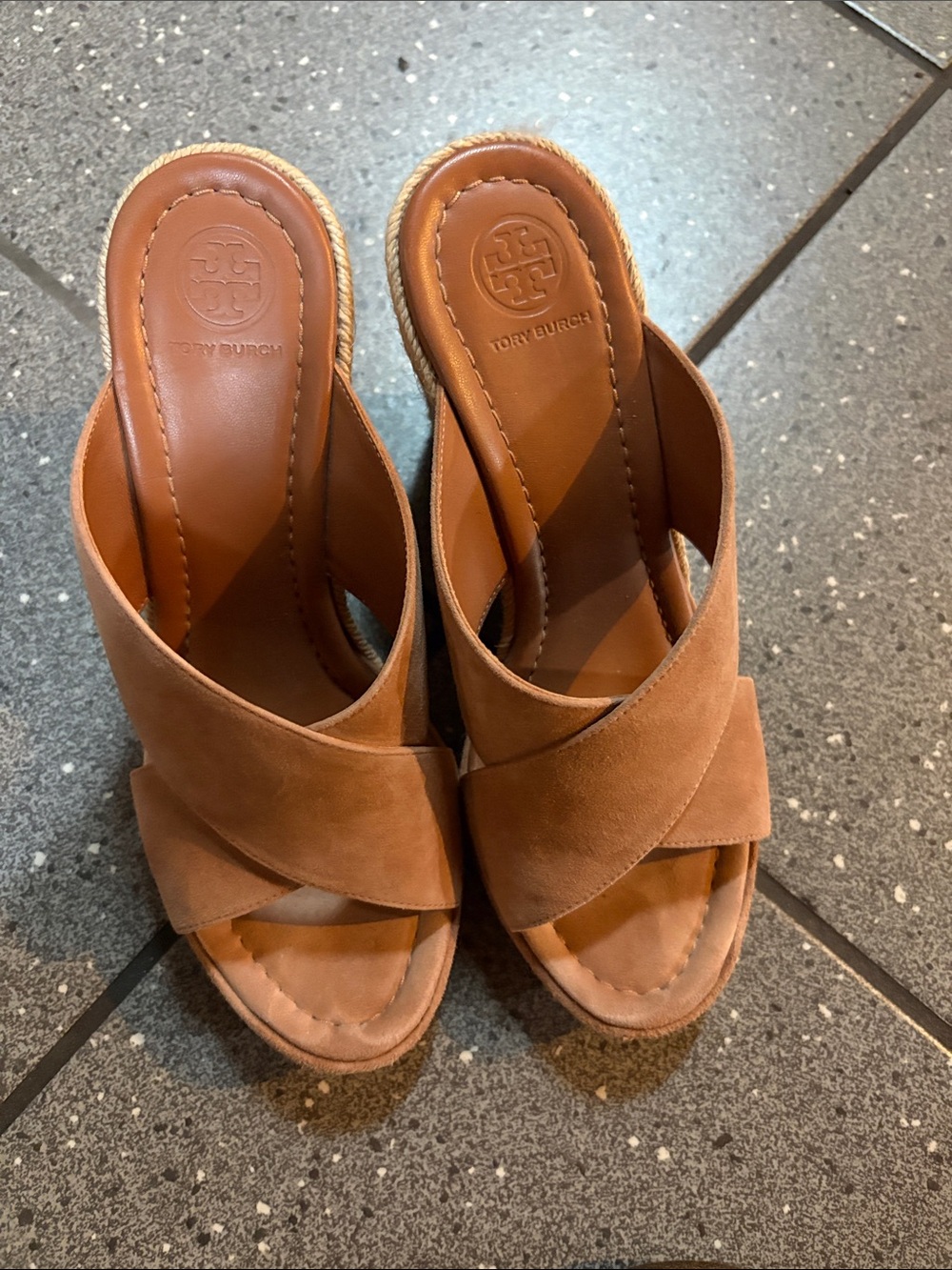 Tory Burch Tan Suede Crisscross Wedge Mules